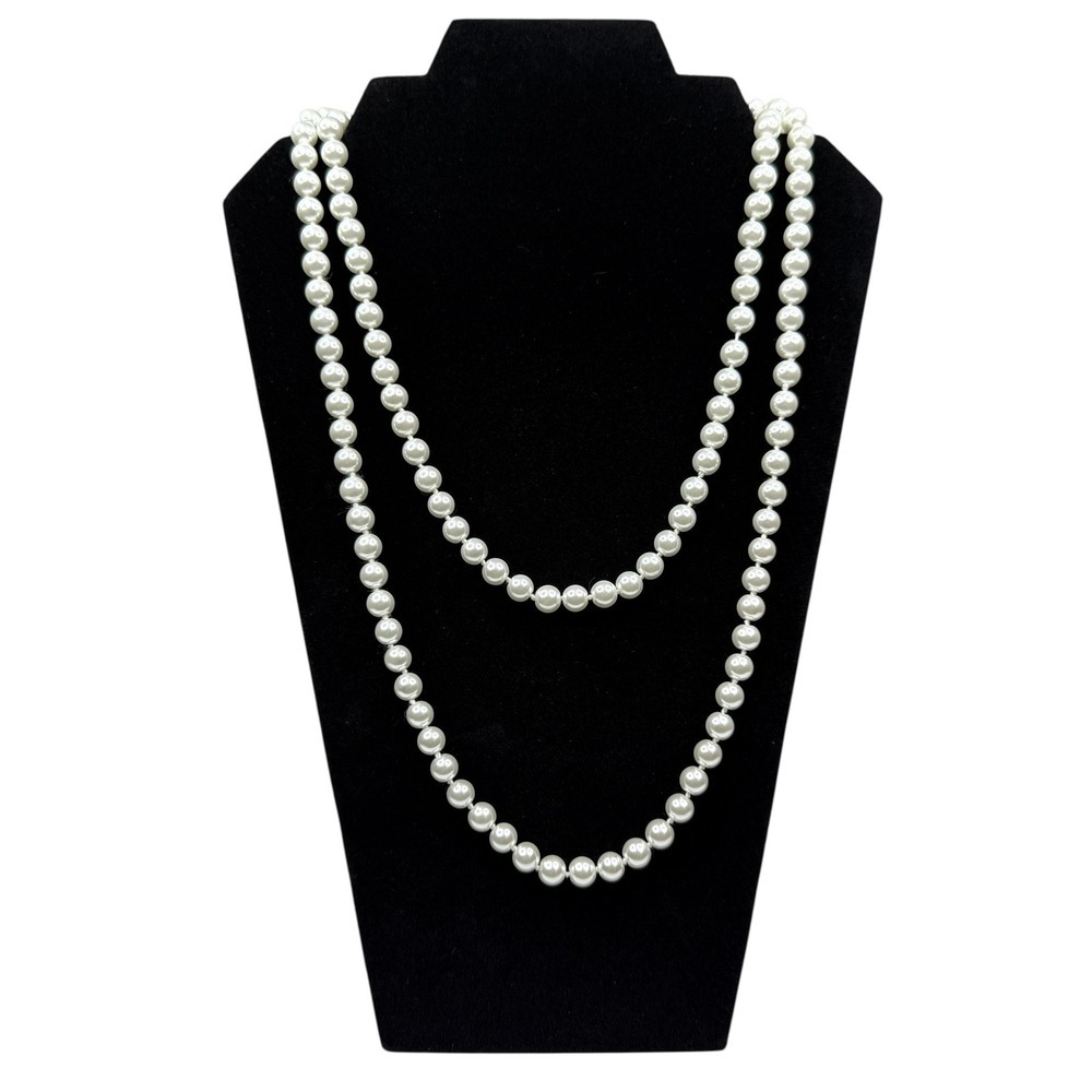 Elegant Classic Style Long Faux Pearl Beaded Strand Necklace Cream Off-White